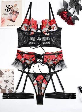 Female Erotic Floarl Underwear Sets Sheer Cross Bandage Embr