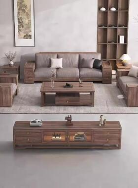 新储中式黑胡桃木实木沙发组合冬夏用现代简两FXZ约客厅带贵物妃