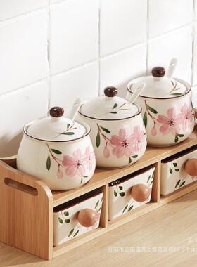家F97J97H8用厨房调盐料盒组装调味罐陶瓷罐调料罐套装木架合双层