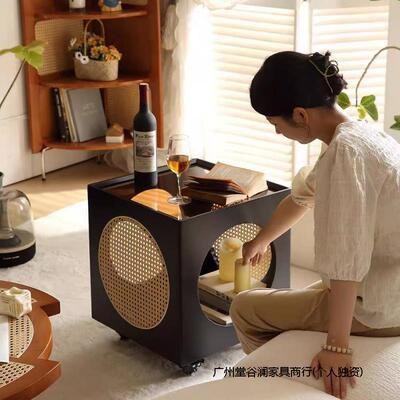 编复中古16601风厅可移客动茶边几沙发推床头柜实木车藤小桌置物