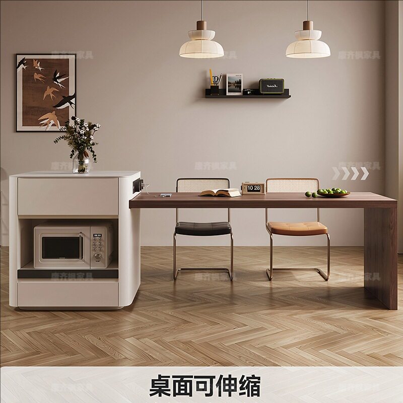 胡桃色岛台餐桌一体可伸缩奶油风家用小户型微波炉烤箱吧台中岛台