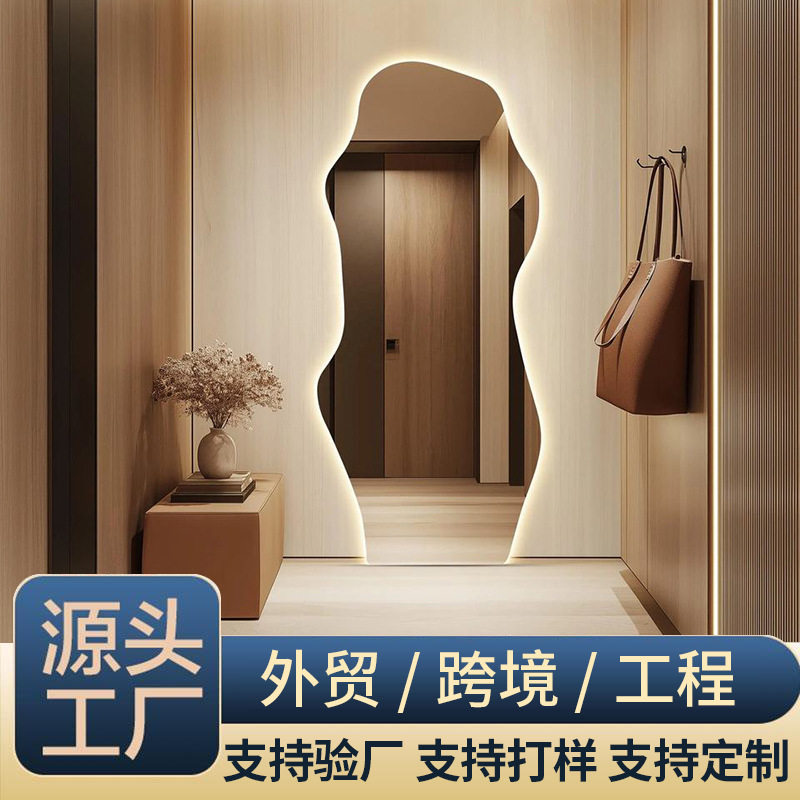 现代背光落地镜网红LED带灯不规则卧室全身落地镜寝室穿衣灯镜子