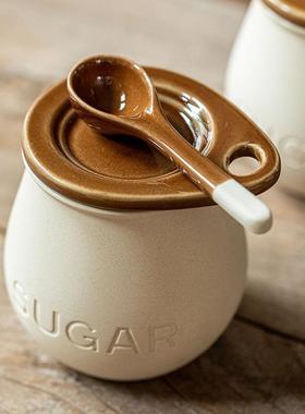 复古瓷陶调味罐RDDB5RBT带套盖勺装调盐料罐