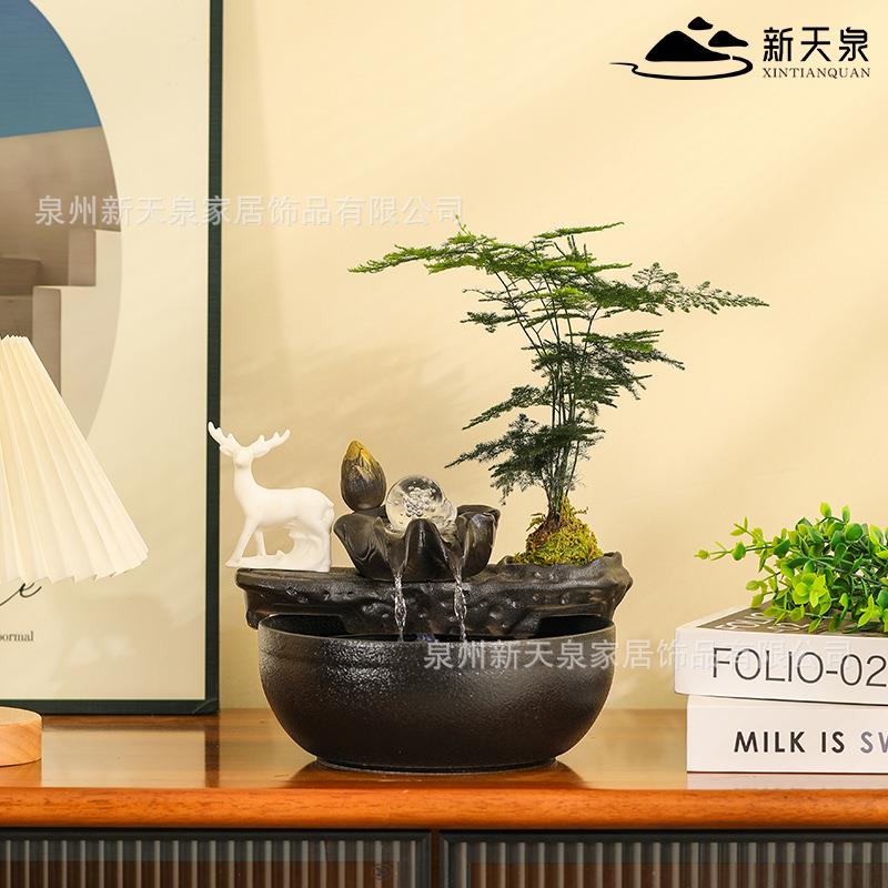 财神招财水流家XRU摆件循水陶瓷鱼缸小型用中式装饰环办公室桌面