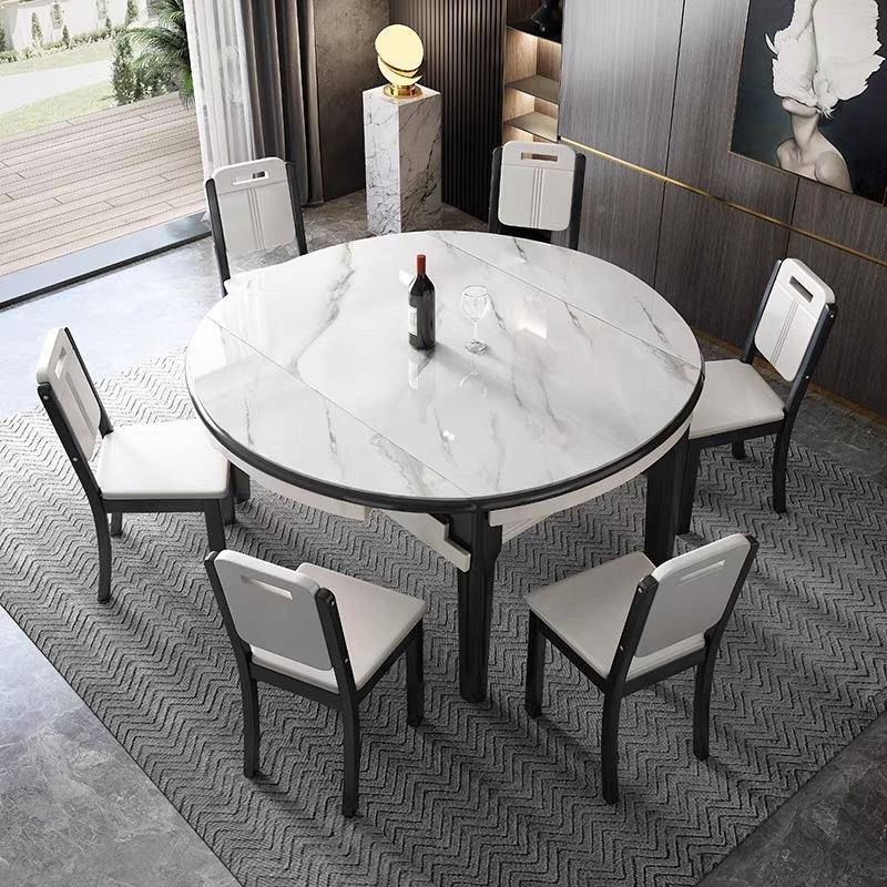 现代玻钢石小型岩板餐桌伸YYU缩桌白色椅组合大理石户实木饭桌全