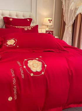 四件套纯婚床婚新刺全棉四RUU件套大红色床单绣被套棉结婚床上用