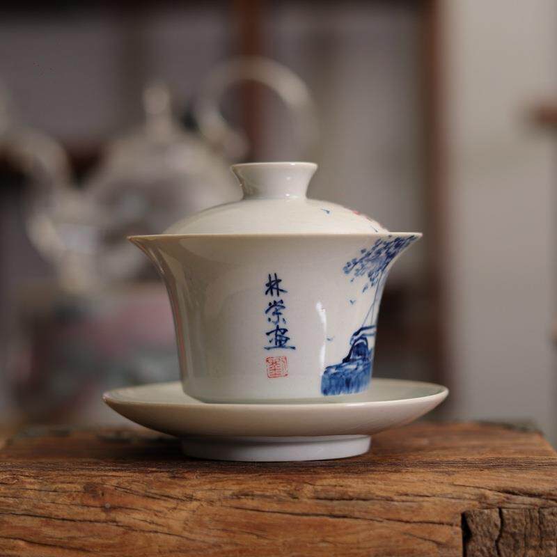 九希碗堂刘林荣手绘陶茶碗古茶具江南瓷水乡三才盖仿家用EIG泡茶