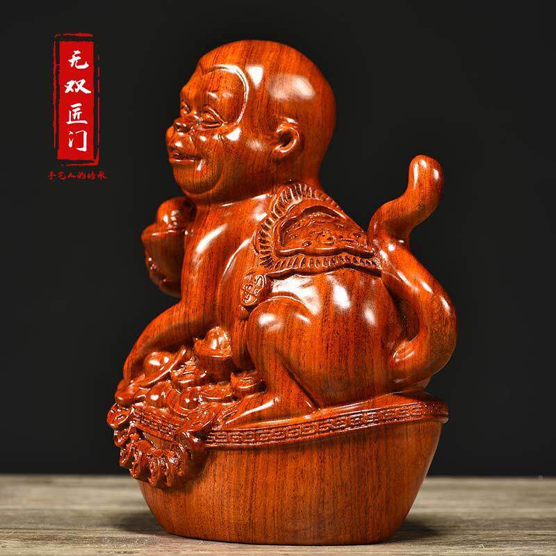 花木雕猴子件三合十二生梨WS-86201肖猴木摆头家居办公猴室动物工