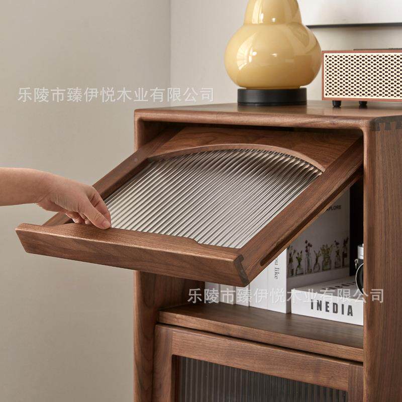 木北美黑胡桃电视柜边柜LXR厅实木家具边沙发立柜翻盖玻客璃餐厅