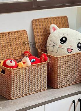 202长5AVI款仿藤编收盖纳筐方形脏衣新篓带有盖收纳箱衣橱整理家