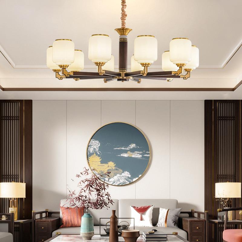 新中式全实木客中厅大吊灯国风家用铜气胡桃木色别墅餐469厅吊灯