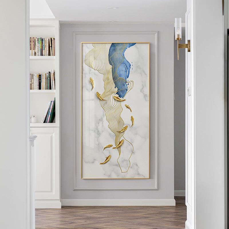 轻头玄关饰画九鱼图走廊过奢道尽新装中式玄幻酒店入九鱼户进门墙