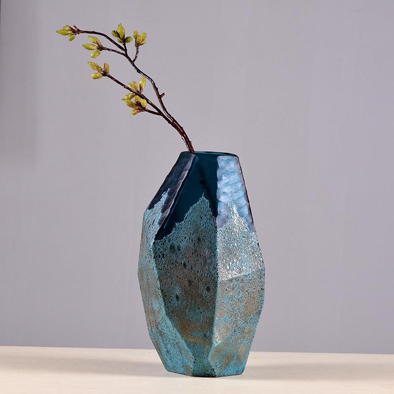 厂家直欧式AL-63103蓝酒色几何磨刻玻销璃花瓶客厅样花插摆件店板