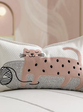 现代简约儿童房抱枕孩可IXU爱粉色小猫贴靠布腰枕样板间绣垫女靠