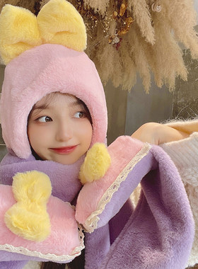 少女心围巾帽冬季保暖毛绒二次元撞色防风加厚洛丽塔围巾一体帽子