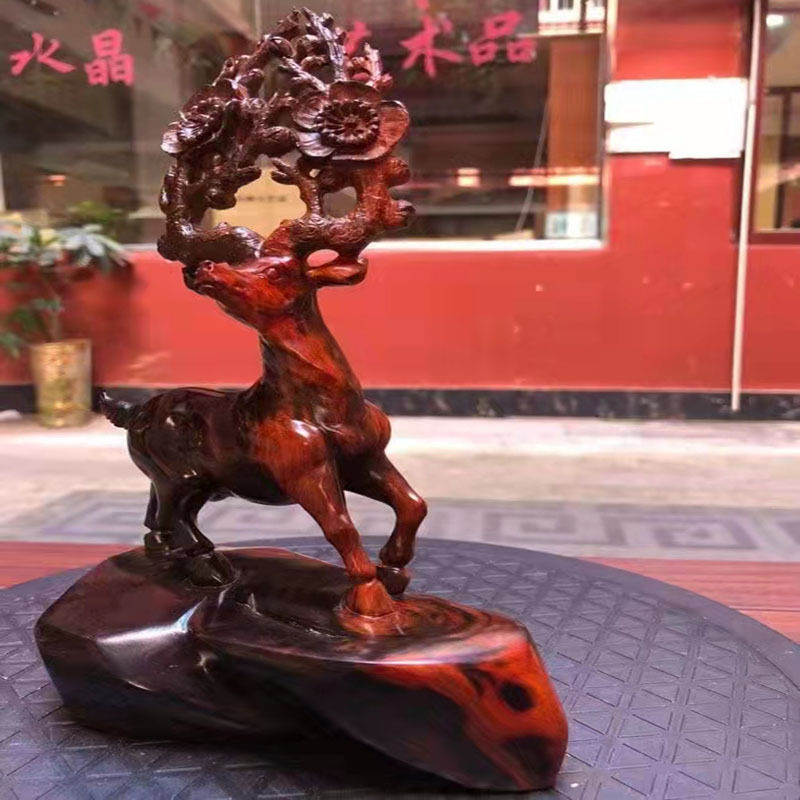 大红酸枝一路发七彩梅花鹿根雕摆件交趾黄檀随型雕刻工艺品