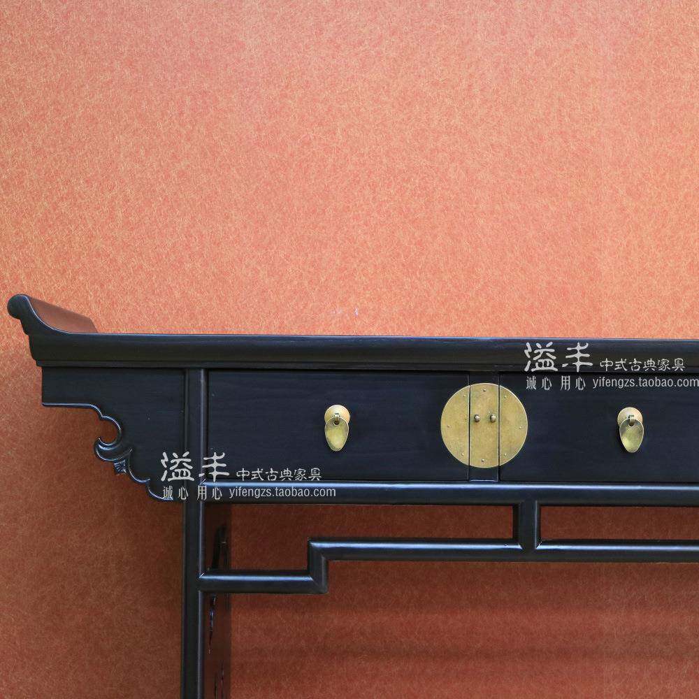 台现代新中式仿典家具实木榆木条案简约黑古色894翘头案桌关储物