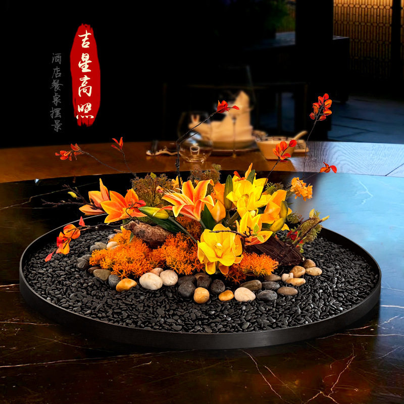 酒店餐桌花摆件绢花插花电动转盘装饰品摆设饭店包厢圆桌中间摆花