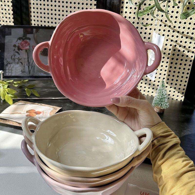 陶碗手捏不规则双碗耳高颜网红双值耳汤NIX碗家用水果沙拉碗瓷泡