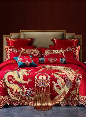 F76TTM7HV45O120支中式婚庆四棉件套绒长刺被套结婚大红色陪绣嫁