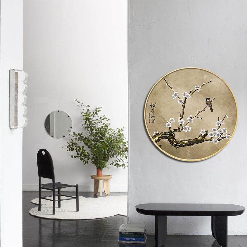新中装式圆形饰画入户壁玄关走廊过道梅ECB花中国风茶挂室画花鸟
