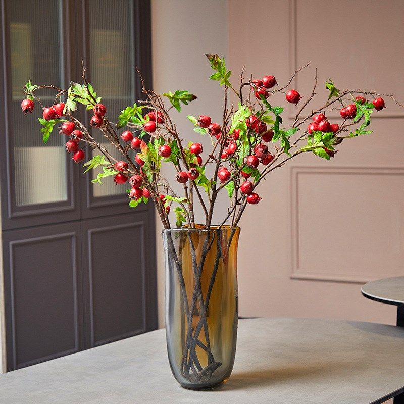 仿真水果带叶小山楂果树枝红果山里红果田园风家居软装造景花艺