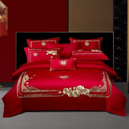 新中式高级感160支长绒棉贡缎提花刺绣结婚四件套婚庆喜被十件套