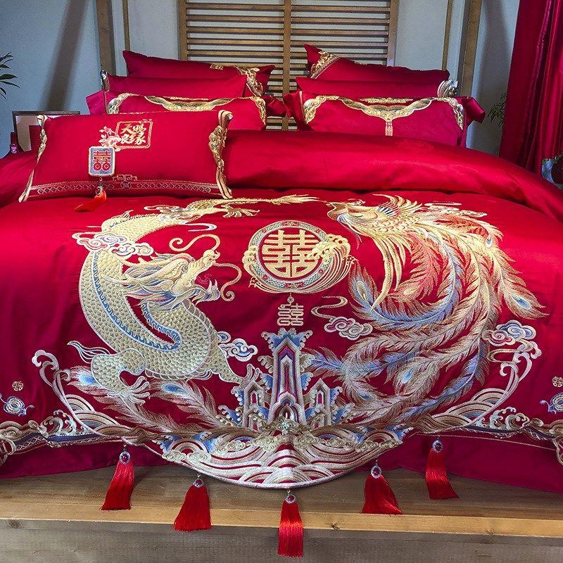 九喜狐婚庆家纺结婚四件套备婚床上用品贡缎提花龙凤刺绣十件套