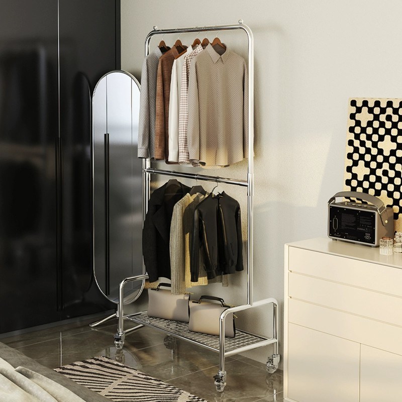 卧室秋冬衣帽架上下双层晾衣架落地杆移动挂衣架字家用隔夜衣裤架