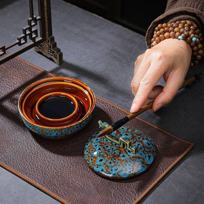 窑变陶瓷火锅砚台书法专用不干墨双圈保湿火锅带盖文房四宝墨盒