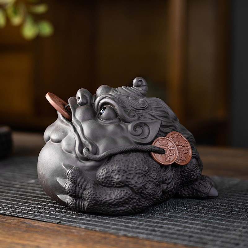 紫砂荣华富贵茶宠招财金蟾茶盘摆件创意手工茶玩可养陶瓷茶道零配