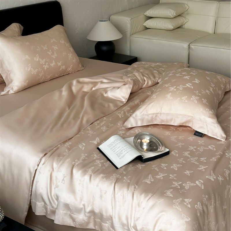 轻奢简约天丝提花四件套珍珠白凉感冰丝滑被套床单裸睡床上用品
