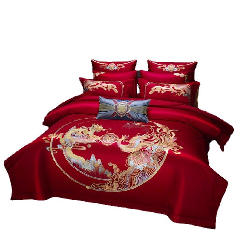 龙凤刺绣大红色四件套长绒棉被套备婚床上用品南通叠石桥家纺
