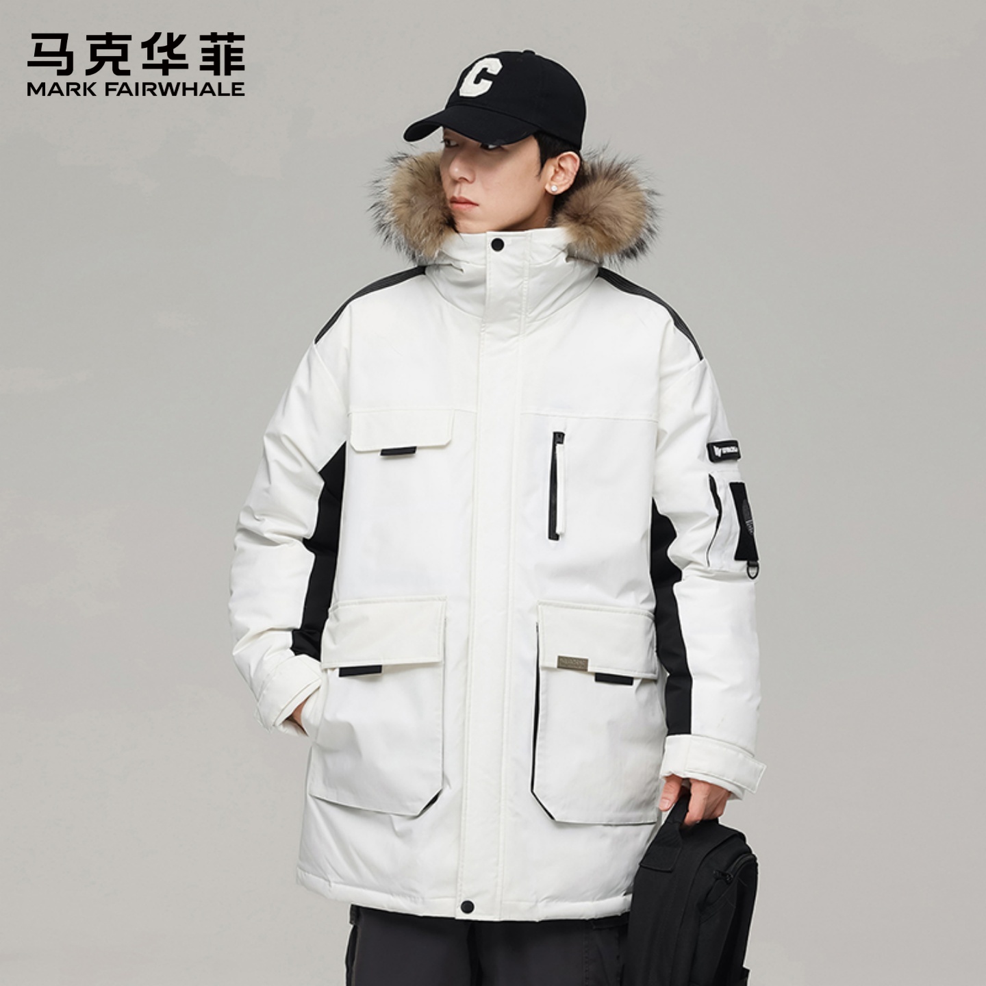 马克华菲工装风连帽毛领羽绒服男中长款白色多口袋保暖外套情侣款