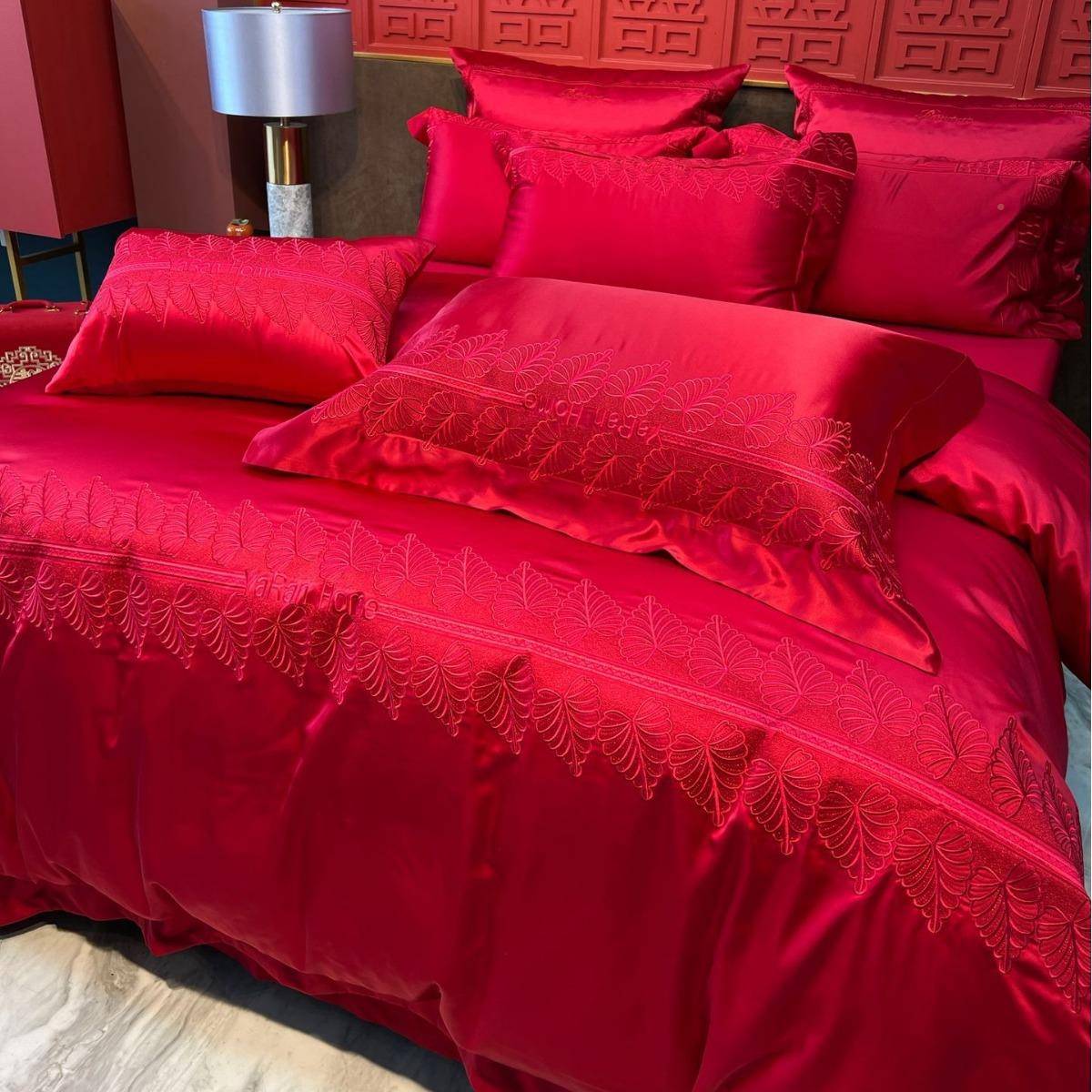 大红色四件套长绒棉被套结婚嫁床上用H1232品婚4件支套010全棉床