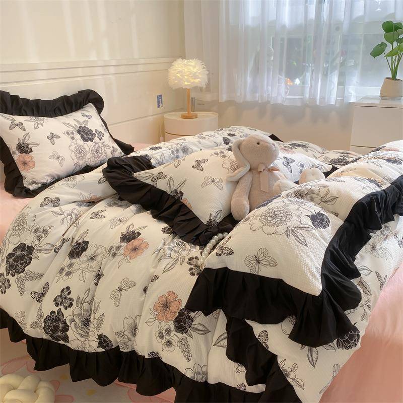 新款法式浪件漫水洗棉泡色泡棉四件赫999999本风黑花边学生宿套舍