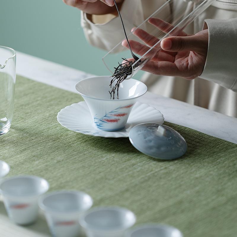 玉瓷纯手绘SKSK-390芦苇荡壶承承台家用干泡陶茶瓷点盘盖碗茶茶壶