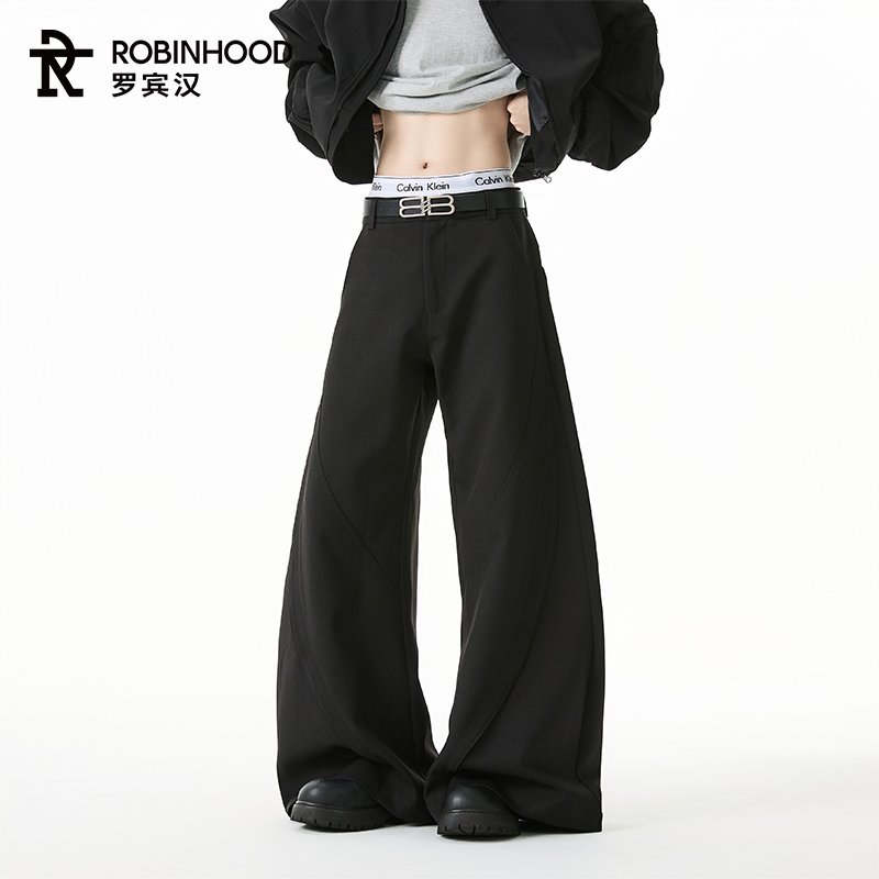 罗宾汉美式高街直筒阔腿裤拼接