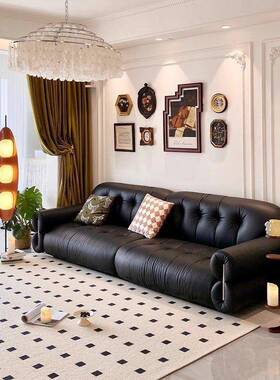 意极简皮艺沙发客厅轻奢现代家用户SRM复古风休闲直排式型黑色沙