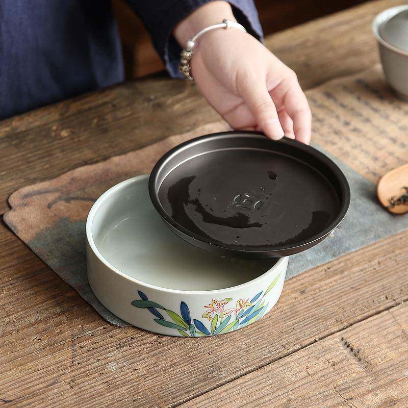 日式釉下彩手绘鸢花壶承陶瓷壶尾垫壶托茶台盖YDQ小号锡储水干泡