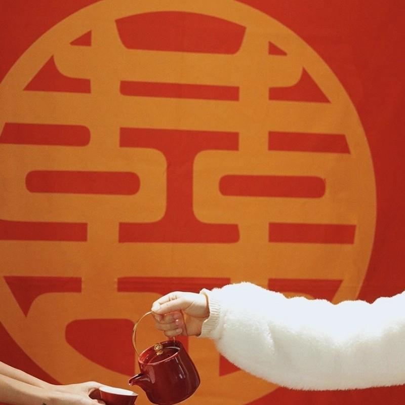 婚房布置装饰挂布条幅喜字敬茶晨拍订婚背景中式婚礼婚照写真画布图片