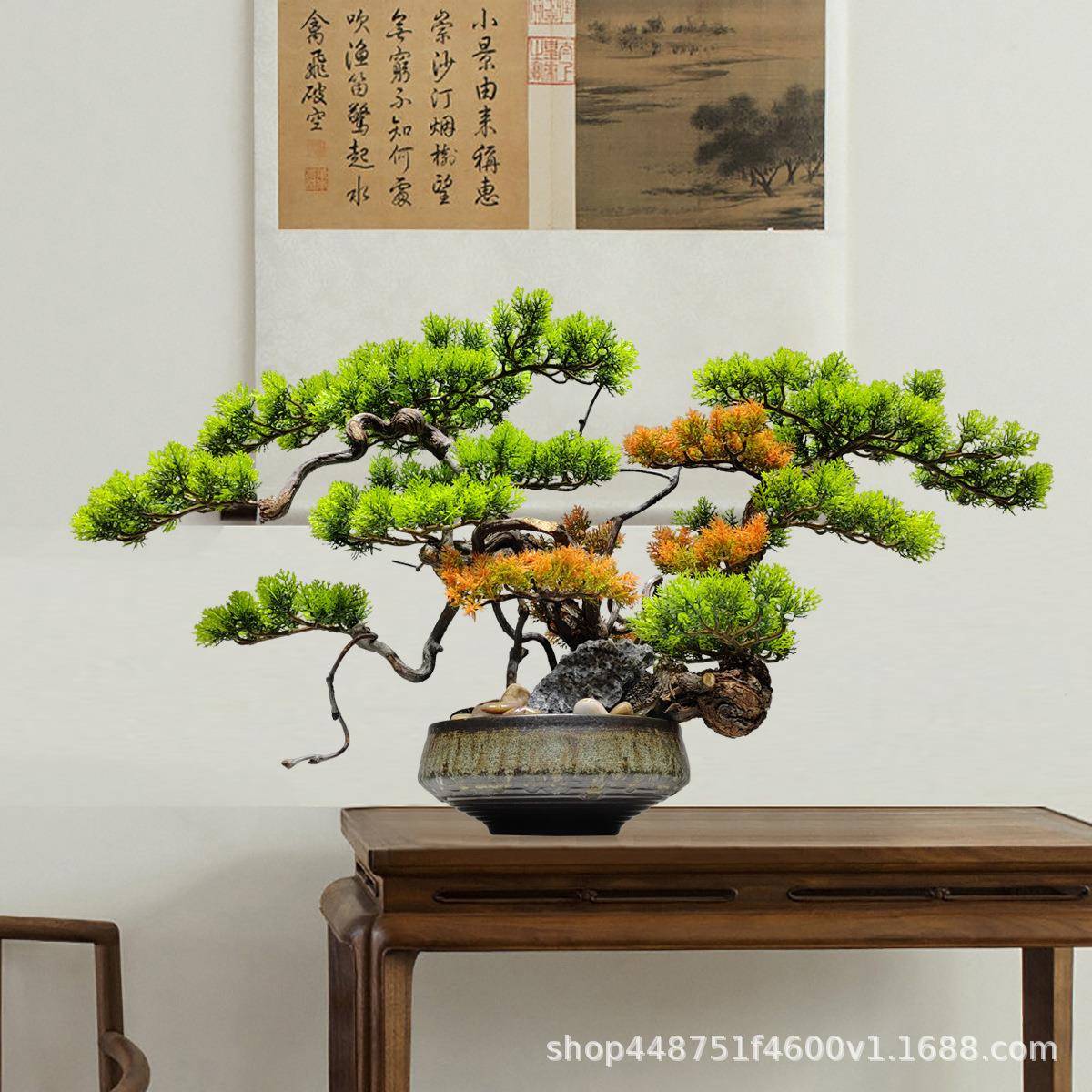 客厅实仿真迎龙客PON松酒店桌玄面关绿植木物假松树柳枝盆景室内