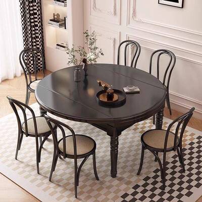 法式中古风全实缩木餐桌轻椅组方合奢可伸圆两UDQ用小户型黑色餐