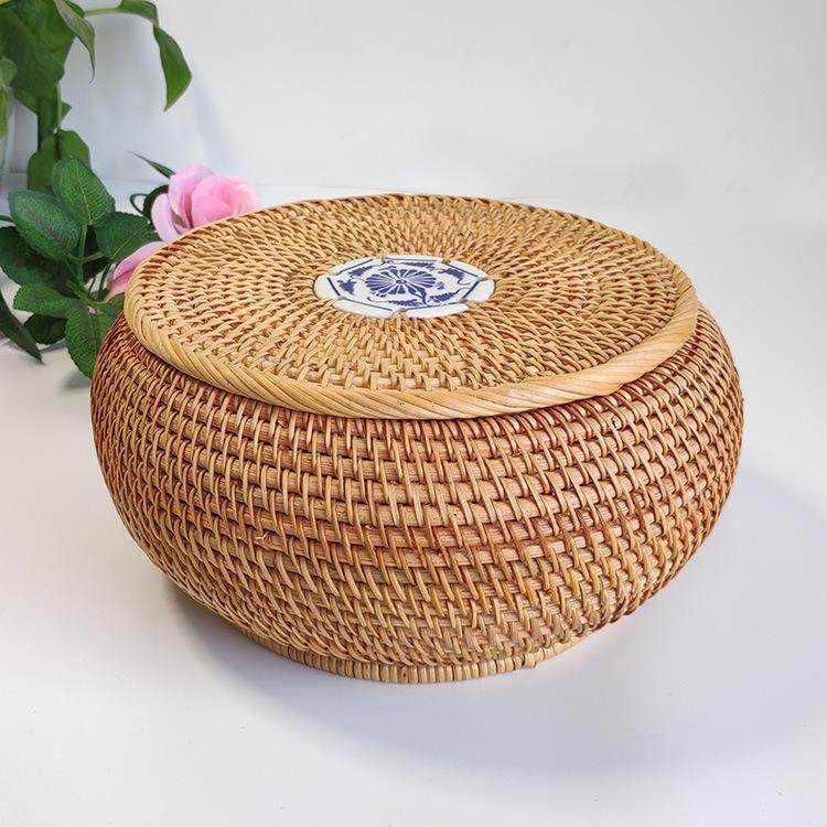 DG06手工藤编带盖收纳盒桌面分格盒圆形田园风带盖水储物厅收客纳,收纳整理,首饰盒,淘宝优惠券,粉丝福利购,淘宝优惠卷