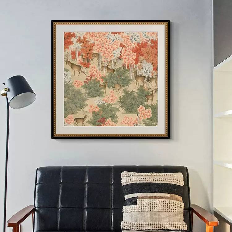 丹枫呦鹿图 新中式国风玄关装饰画法式客厅餐厅挂画卧室床头壁画图片
