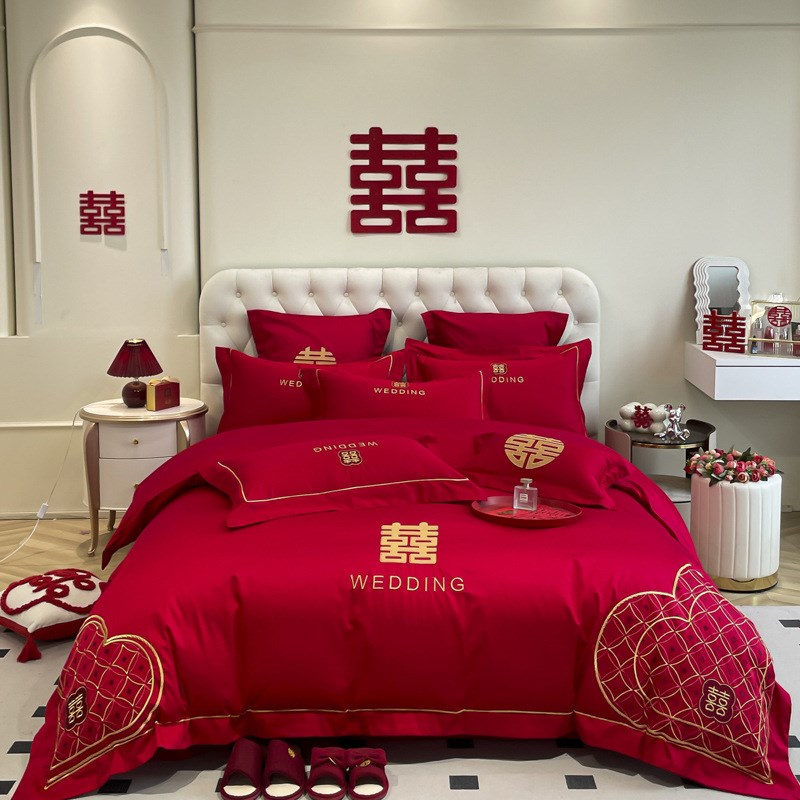红色婚庆四件套结婚刺绣龙凤床单红色棉婚房新婚床上用品