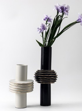简约黑白金花边叠层陶瓷创意z花器花瓶摆件样板间酒店客厅装饰