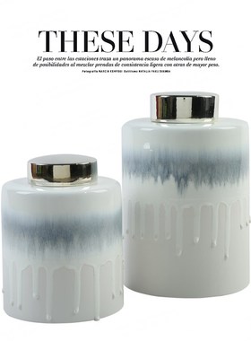 客厅玄关电视柜摆件 新中式白色陶瓷储L物罐 样板房间装饰罐