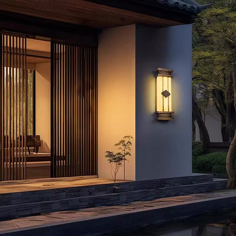 新中式全铜壁灯别墅庭院防水户外云石壁灯走廊外墙门口柱头墙壁灯