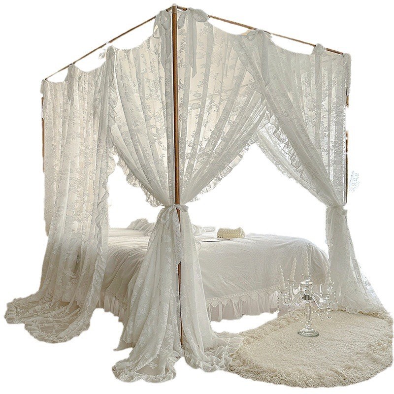 法式三开门落地蚊帐浪漫蕾丝花边公主风加高支架家用卧室加厚帐子